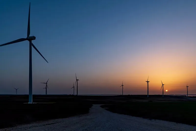 Aerogeneradores recortados contra el atardecer junto a un camino de tierra